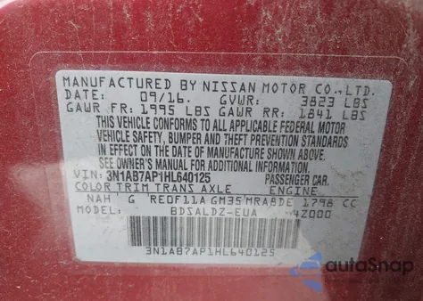 2017 Nissan Sentra Sv z USA, uszkodzony, nr VIN 3N1AB7AP1HL640125